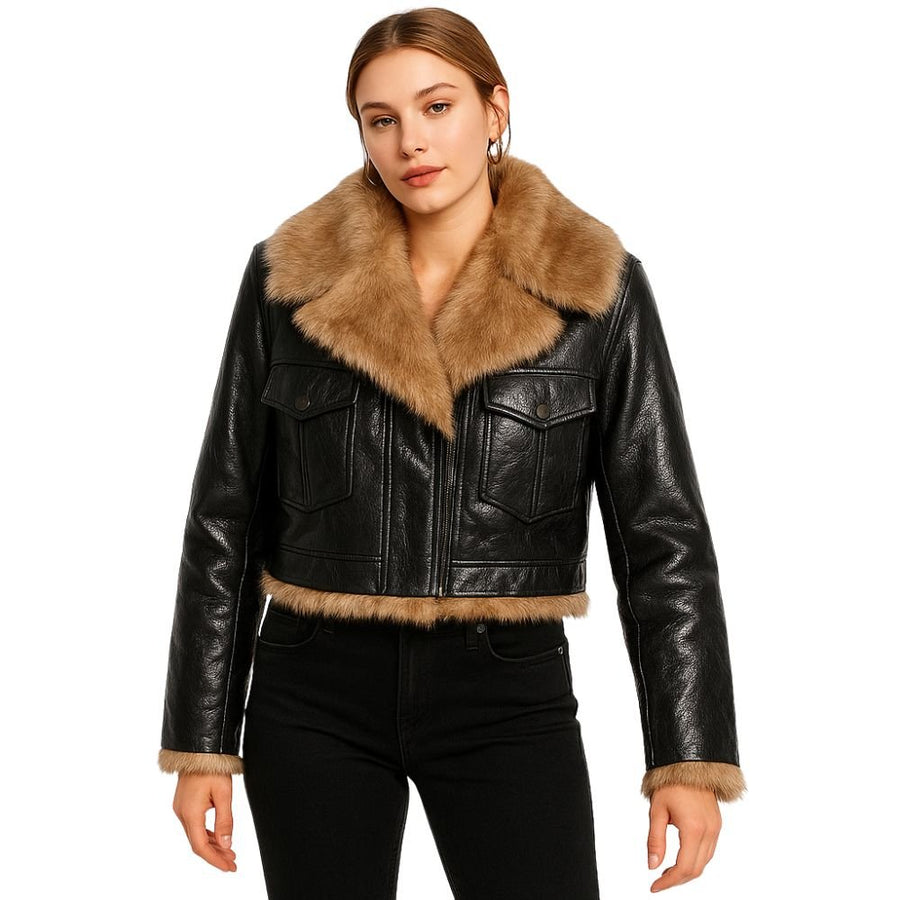 Violet cropped faux leather aviator jacket for women by Christine Brewer, featuring classic aviator style and silver hardware.