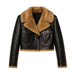 Violet cropped faux leather aviator jacket for women by Christine Brewer, featuring classic aviator style and silver hardware details.