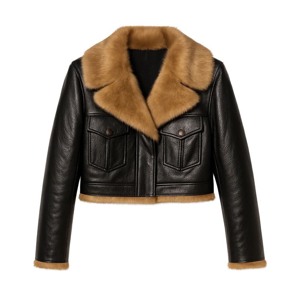 Violet cropped faux leather aviator jacket for women by Christine Brewer, featuring classic aviator style and silver hardware details.
