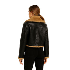 Violet cropped faux leather aviator jacket for women by Christine Brewer, featuring a classic collar and zip-up front.