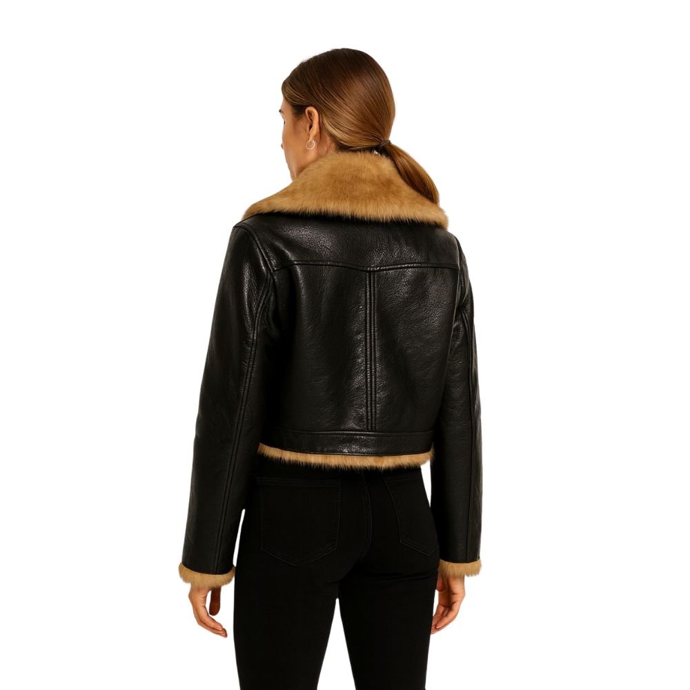 Violet cropped faux leather aviator jacket for women by Christine Brewer, featuring a classic collar and zip-up front.