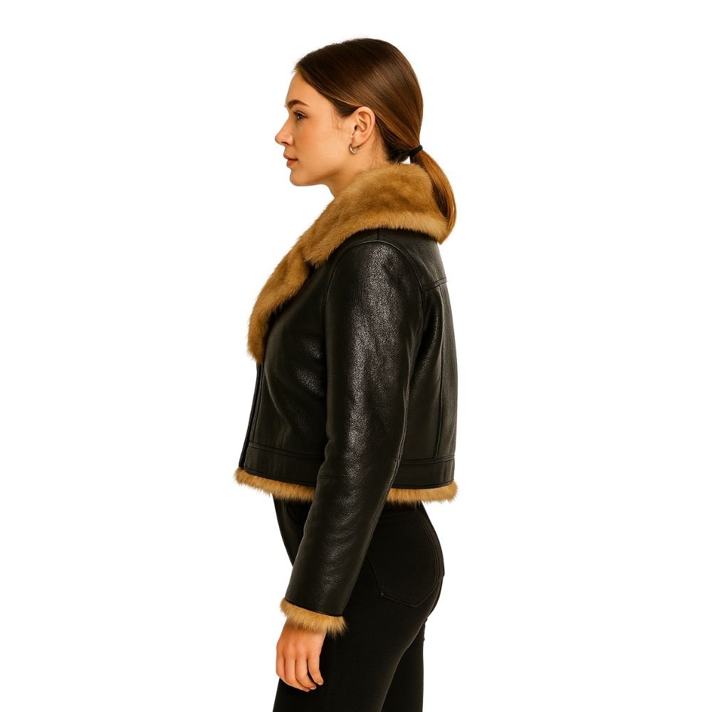 Violet cropped faux leather aviator jacket for women by Christine Brewer, featuring a classic collar and zip front.