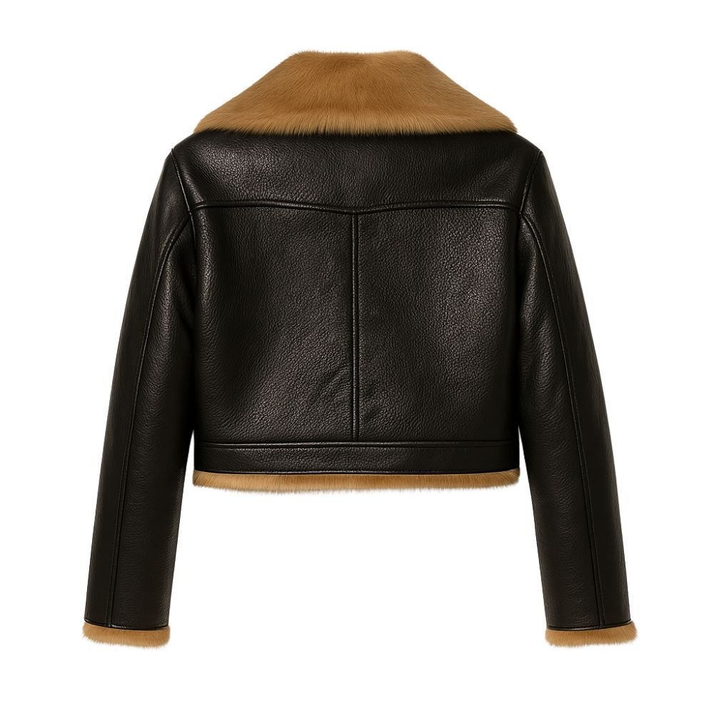 Violet cropped faux leather aviator jacket for women by Christine Brewer, featuring classic aviator style with a modern fit.