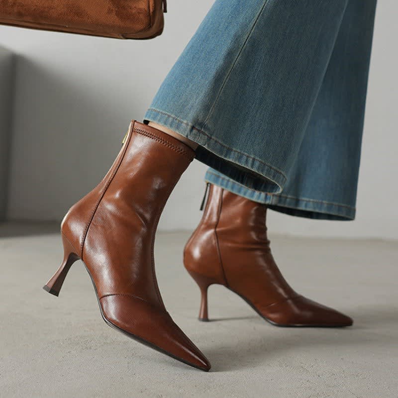 Zoe1 | Ankle Boots, Women, Sheepskin, Leather, Pointed Toe, Back Zip, Flared Heel, Fall, Winter,