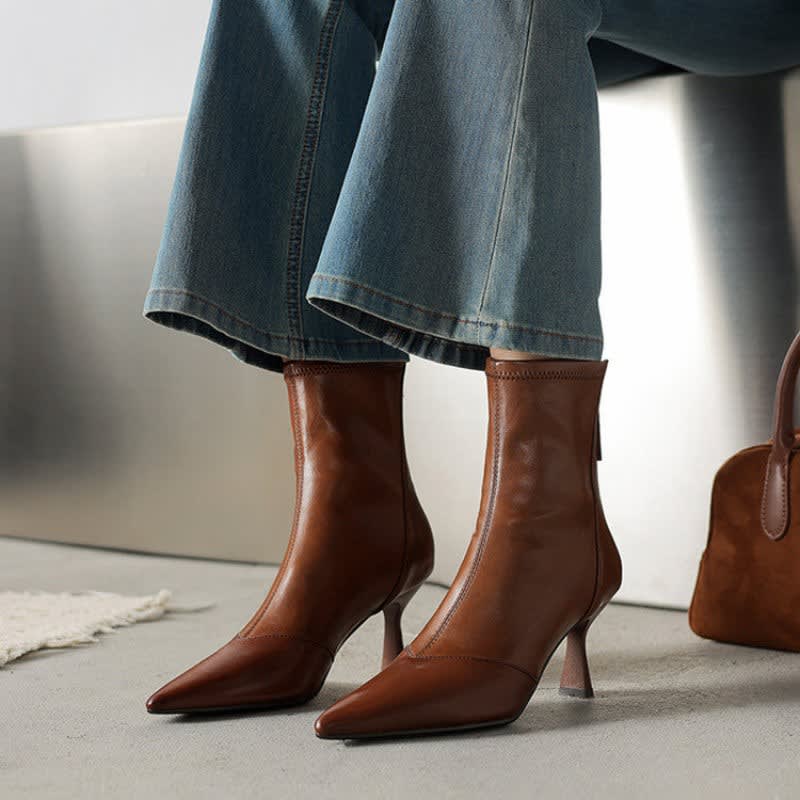 Zoe1 | Ankle Boots, Women, Sheepskin, Leather, Pointed Toe, Back Zip, Flared Heel, Fall, Winter,