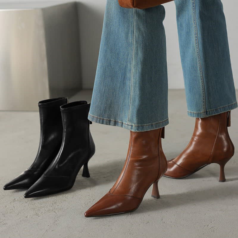 Zoe1 | Ankle Boots, Women, Sheepskin, Leather, Pointed Toe, Back Zip, Flared Heel, Fall, Winter,