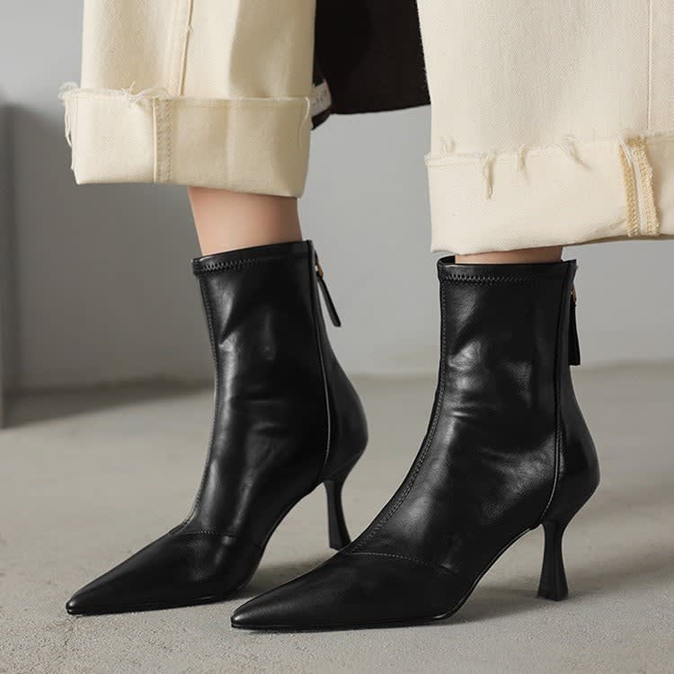 Zoe1 | Ankle Boots, Women, Sheepskin, Leather, Pointed Toe, Back Zip, Flared Heel, Fall, Winter,