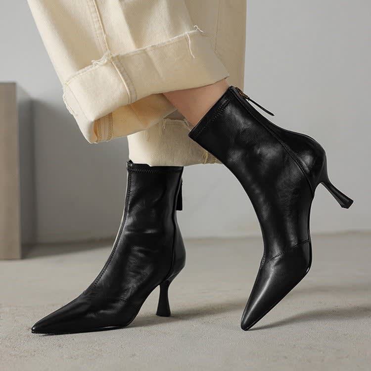 Zoe1 | Ankle Boots, Women, Sheepskin, Leather, Pointed Toe, Back Zip, Flared Heel, Fall, Winter,