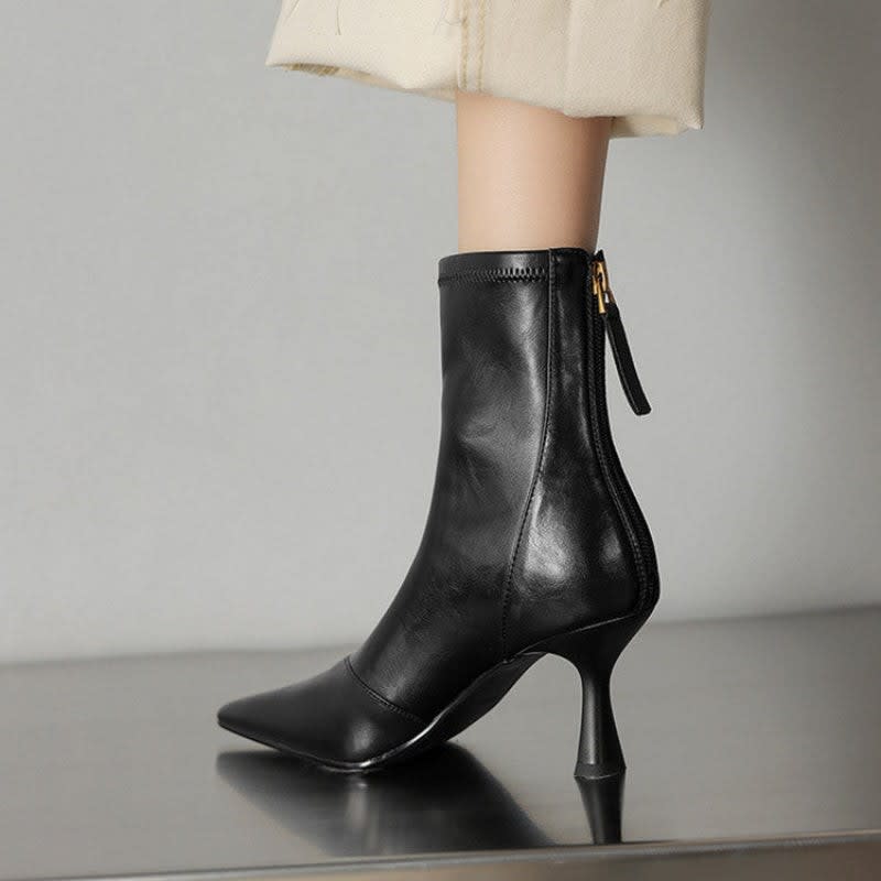 Zoe1 | Ankle Boots, Women, Sheepskin, Leather, Pointed Toe, Back Zip, Flared Heel, Fall, Winter,