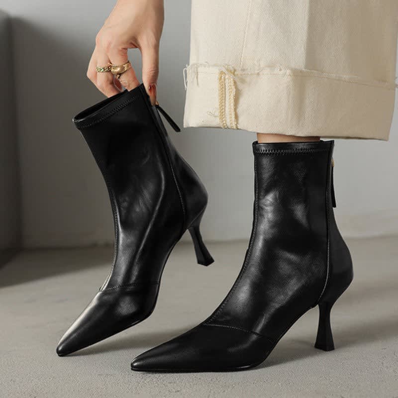 Zoe1 | Ankle Boots, Women, Sheepskin, Leather, Pointed Toe, Back Zip, Flared Heel, Fall, Winter,