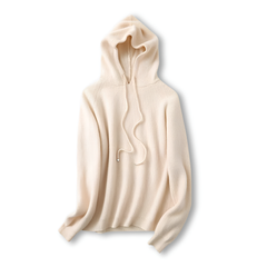 Cream-colored Claudia cashmere hoodie for women by Christine Brewer, shown with a relaxed fit and soft fabric texture.