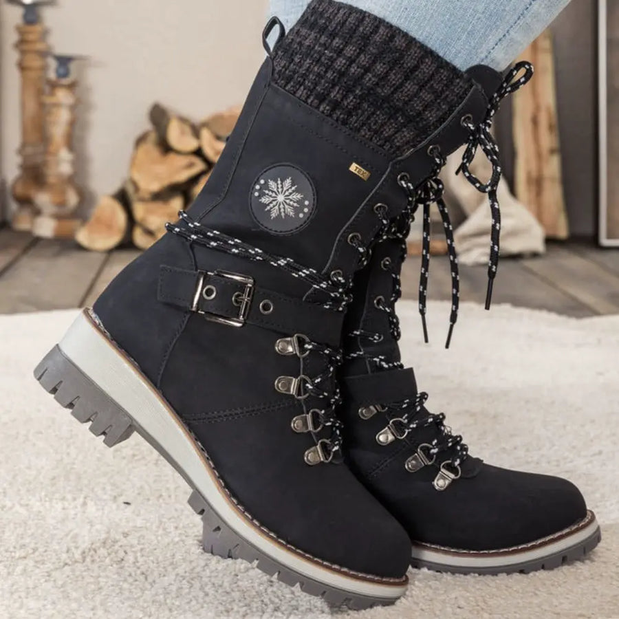 Penelope1 | Snow Boots, Winter Boots, Women, Lace Up, Weatherproof, Faux Leather, Buckle Strap, Knit
