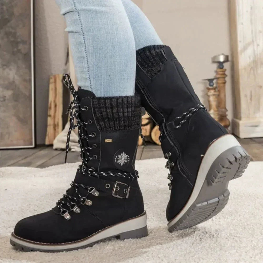 Penelope1 | Snow Boots, Winter Boots, Women, Lace Up, Weatherproof, Faux Leather, Buckle Strap, Knit