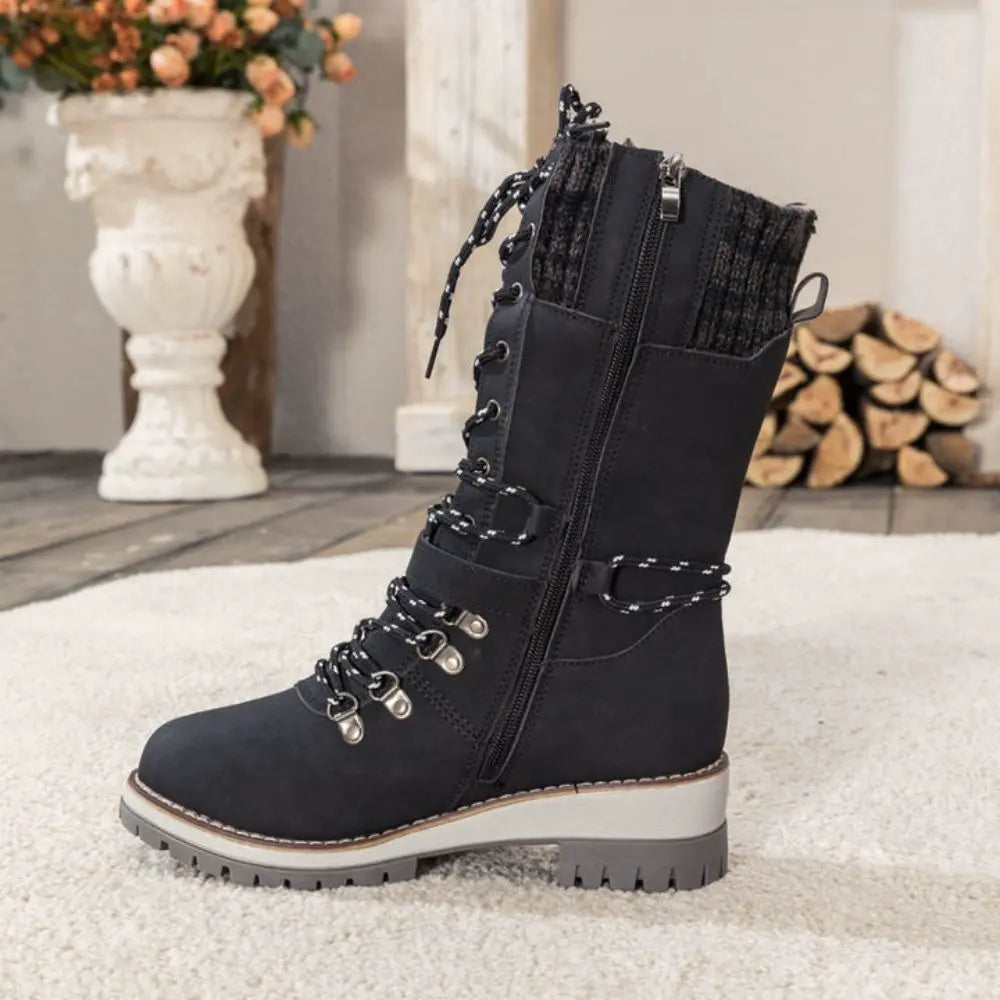 Penelope1 | Snow Boots, Winter Boots, Women, Lace Up, Weatherproof, Faux Leather, Buckle Strap, Knit