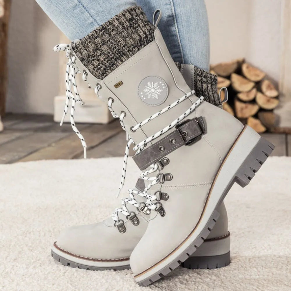 Penelope1 | Snow Boots, Winter Boots, Women, Lace Up, Weatherproof, Faux Leather, Buckle Strap, Knit
