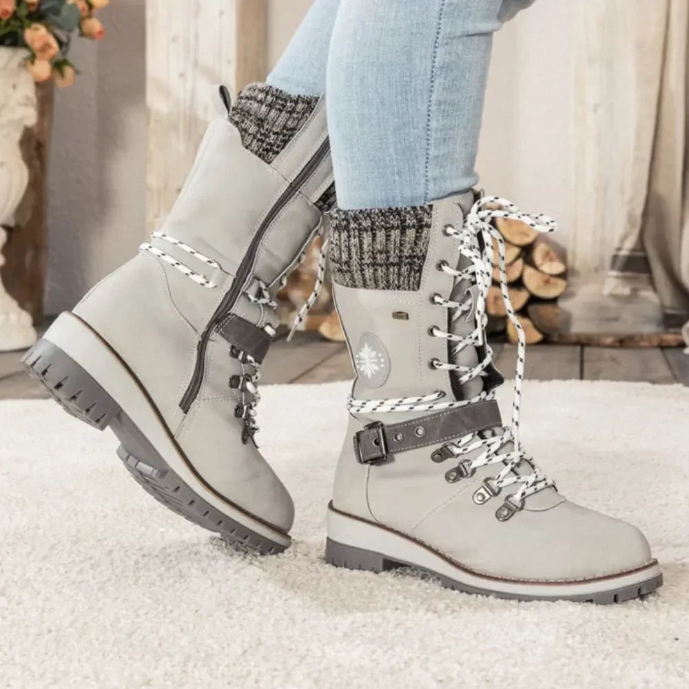 Penelope1 | Snow Boots, Winter Boots, Women, Lace Up, Weatherproof, Faux Leather, Buckle Strap, Knit
