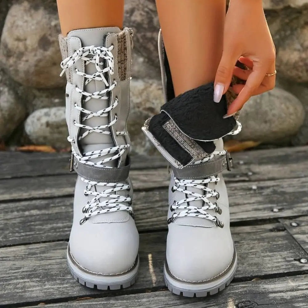 Penelope1 | Snow Boots, Winter Boots, Women, Lace Up, Weatherproof, Faux Leather, Buckle Strap, Knit