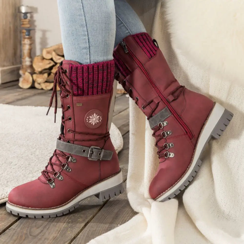 Penelope1 | Snow Boots, Winter Boots, Women, Lace Up, Weatherproof, Faux Leather, Buckle Strap, Knit