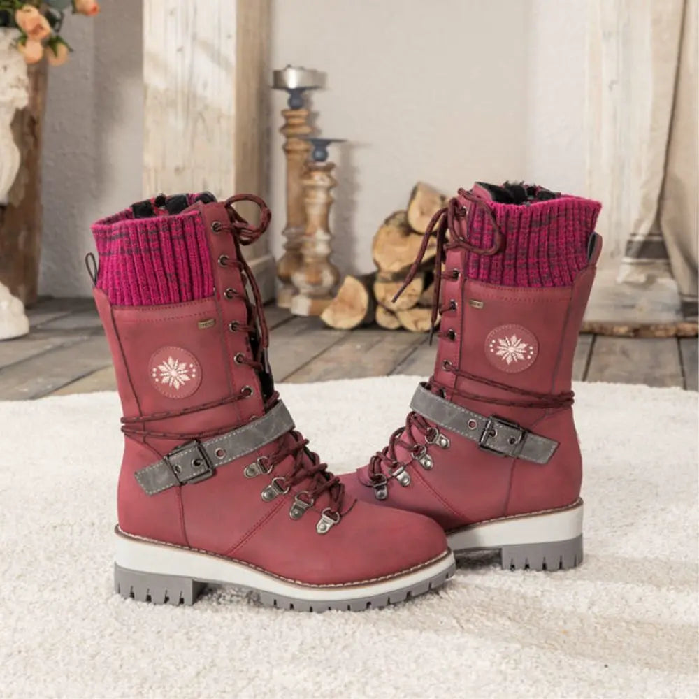 Penelope1 | Snow Boots, Winter Boots, Women, Lace Up, Weatherproof, Faux Leather, Buckle Strap, Knit