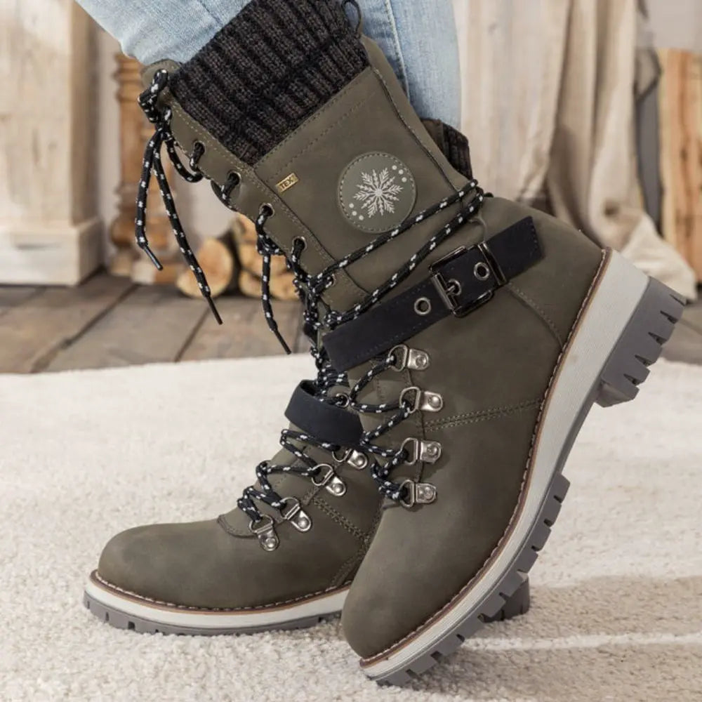 Penelope1 | Snow Boots, Winter Boots, Women, Lace Up, Weatherproof, Faux Leather, Buckle Strap, Knit