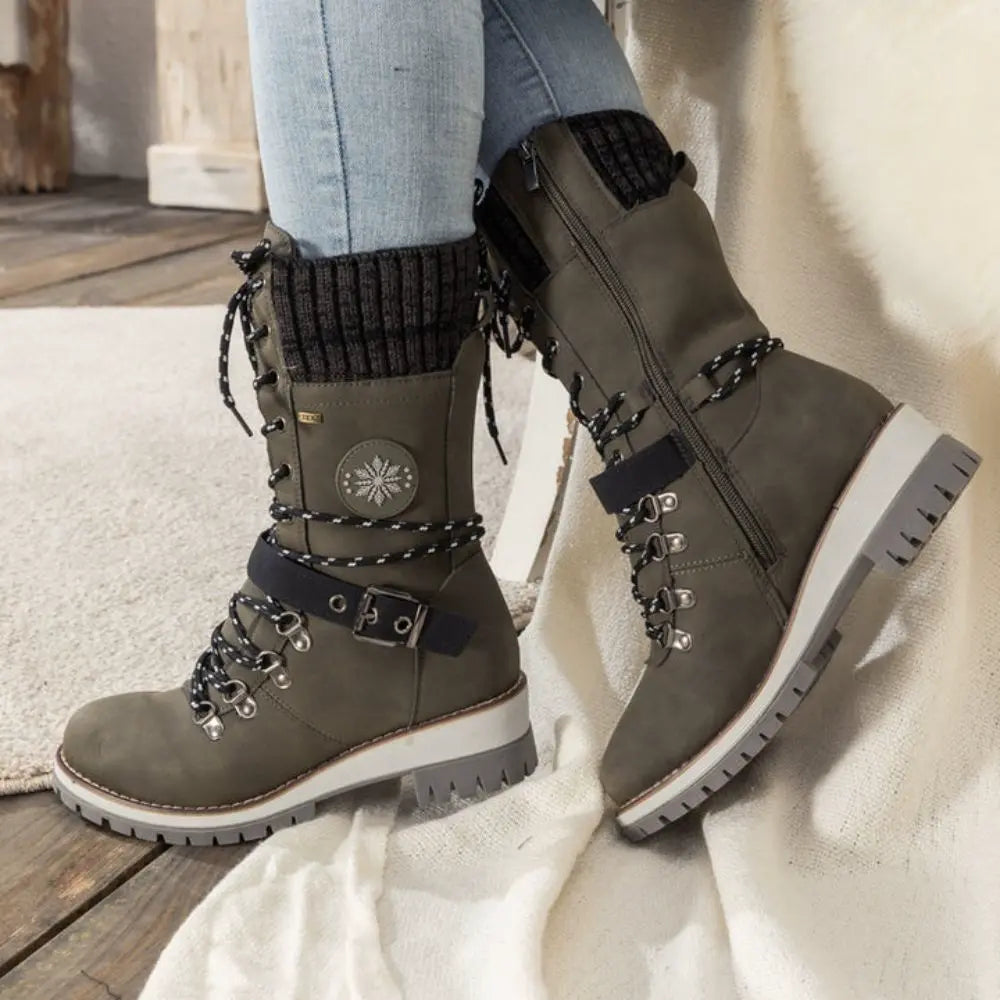 Penelope1 | Snow Boots, Winter Boots, Women, Lace Up, Weatherproof, Faux Leather, Buckle Strap, Knit