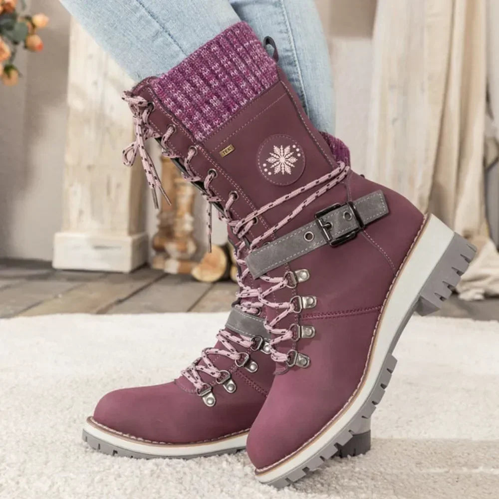 Penelope1 | Snow Boots, Winter Boots, Women, Lace Up, Weatherproof, Faux Leather, Buckle Strap, Knit