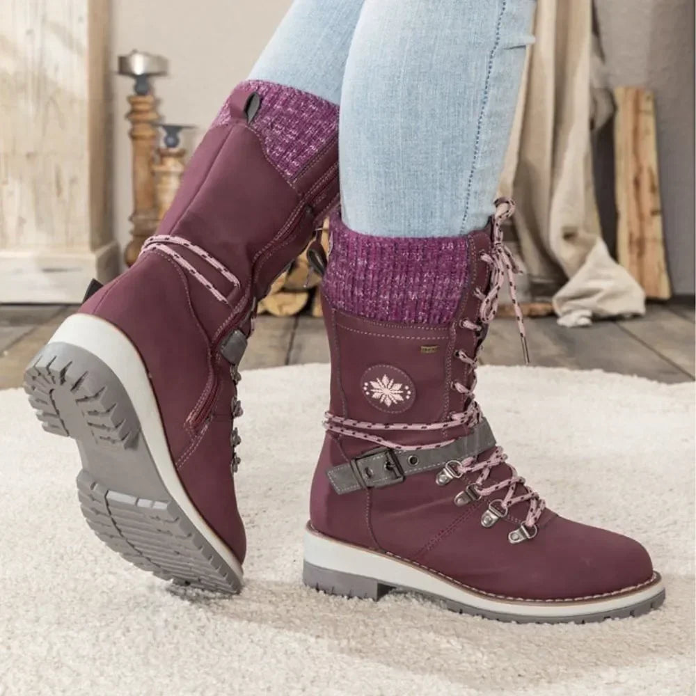 Penelope1 | Snow Boots, Winter Boots, Women, Lace Up, Weatherproof, Faux Leather, Buckle Strap, Knit