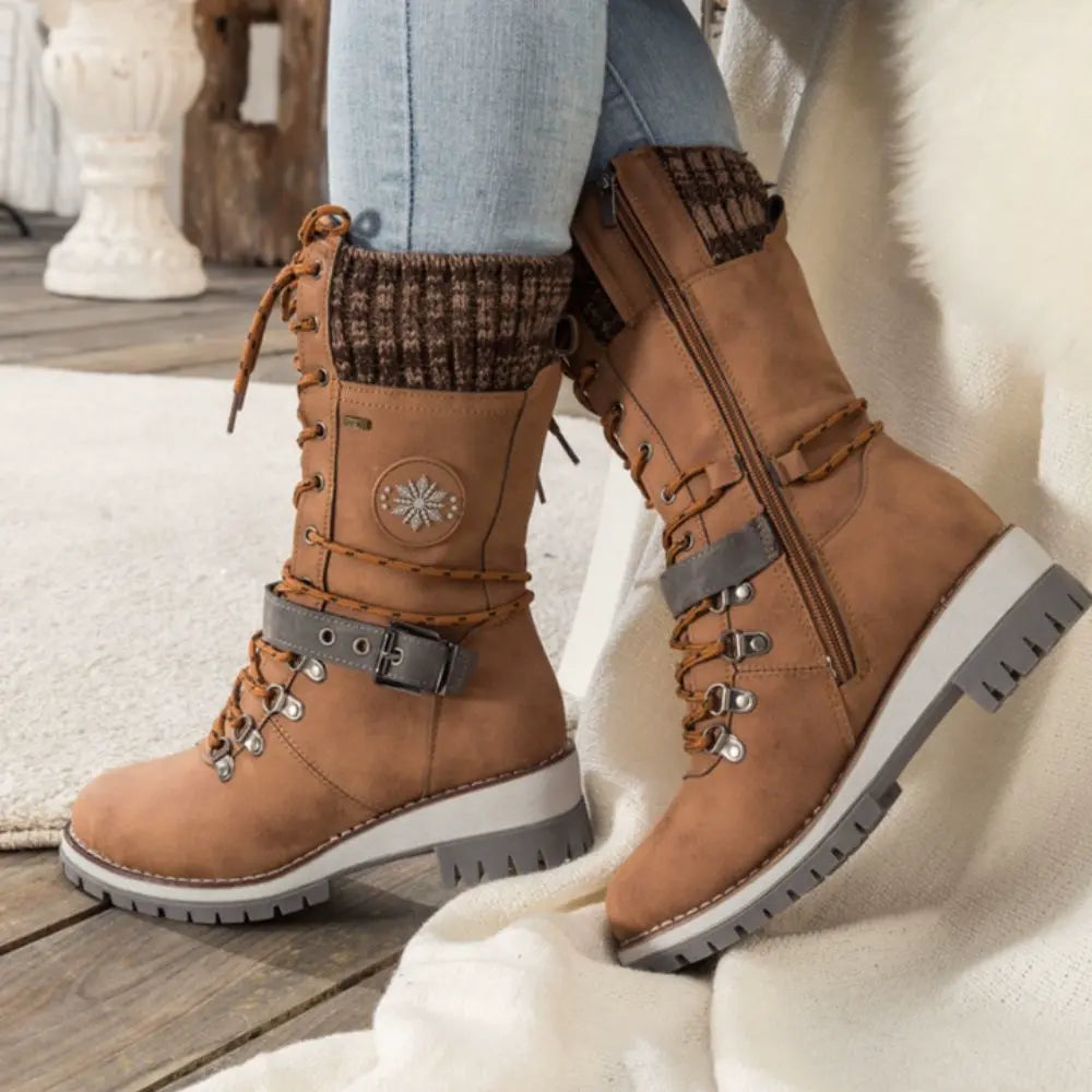Penelope1 | Snow Boots, Winter Boots, Women, Lace Up, Weatherproof, Faux Leather, Buckle Strap, Knit