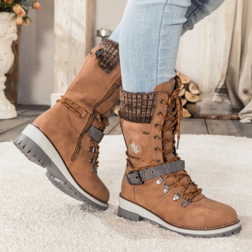 Penelope1 | Snow Boots, Winter Boots, Women, Lace Up, Weatherproof, Faux Leather, Buckle Strap, Knit