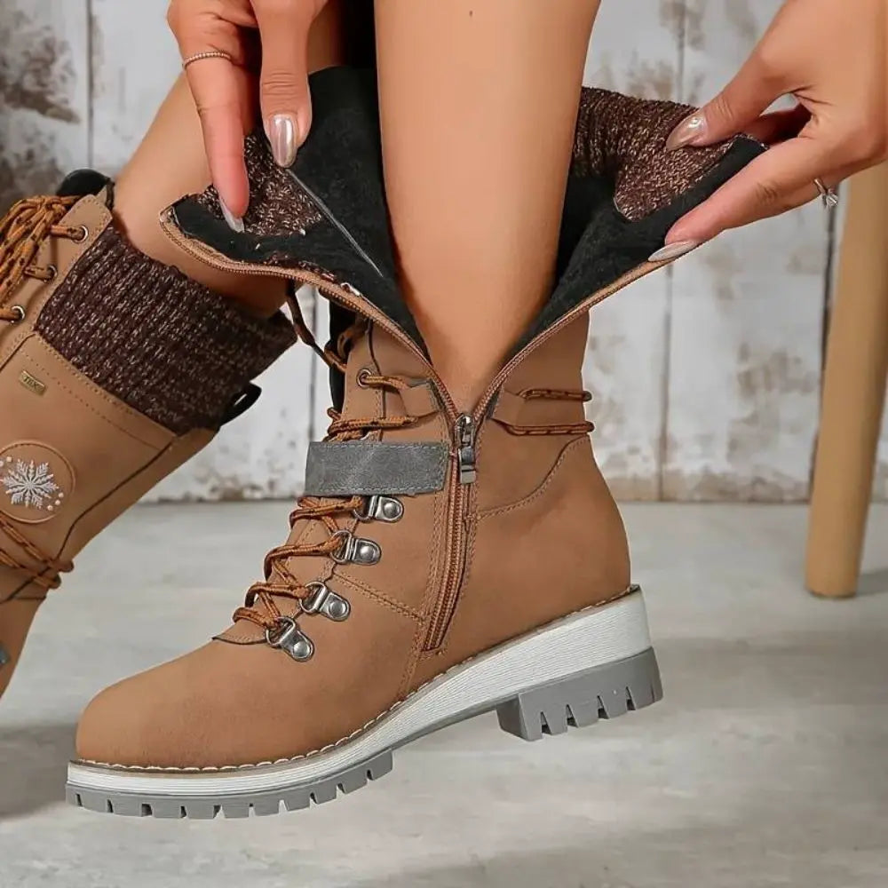 Penelope1 | Snow Boots, Winter Boots, Women, Lace Up, Weatherproof, Faux Leather, Buckle Strap, Knit