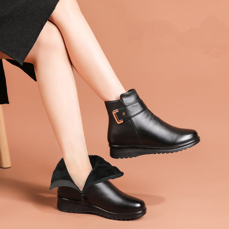 Lucy | Ankle Boots, Women, Side Zip, Buckle Strap, Vegan Leather, Stretch, Wide Width, Winter,