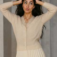 Elsa cashmere cardigan for women by Christine Brewer, soft and cozy knit sweater with a classic design and button closure.