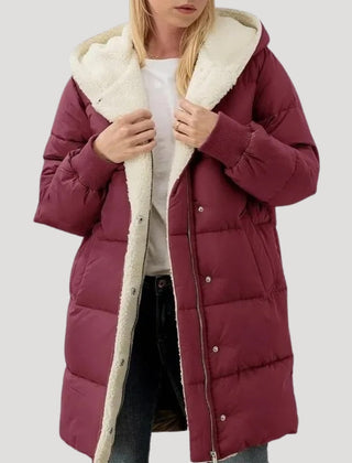Olivia hooded puffer jacket for women by Christine Brewer, Bordeaux-colored jacket with faux fur-lined hood and quilted design.