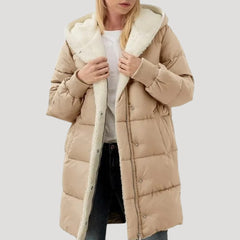 Olivia hooded puffer jacket for women by Christine Brewer, khaki color with faux fur-lined hood, warm and stylish winter outerwear