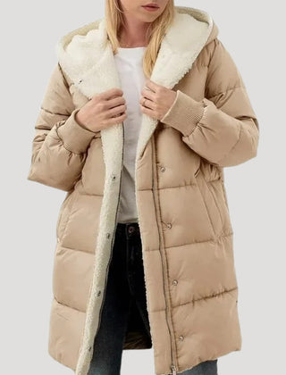 Olivia hooded puffer jacket for women by Christine Brewer, khaki color with faux fur-lined hood, warm and stylish winter outerwear