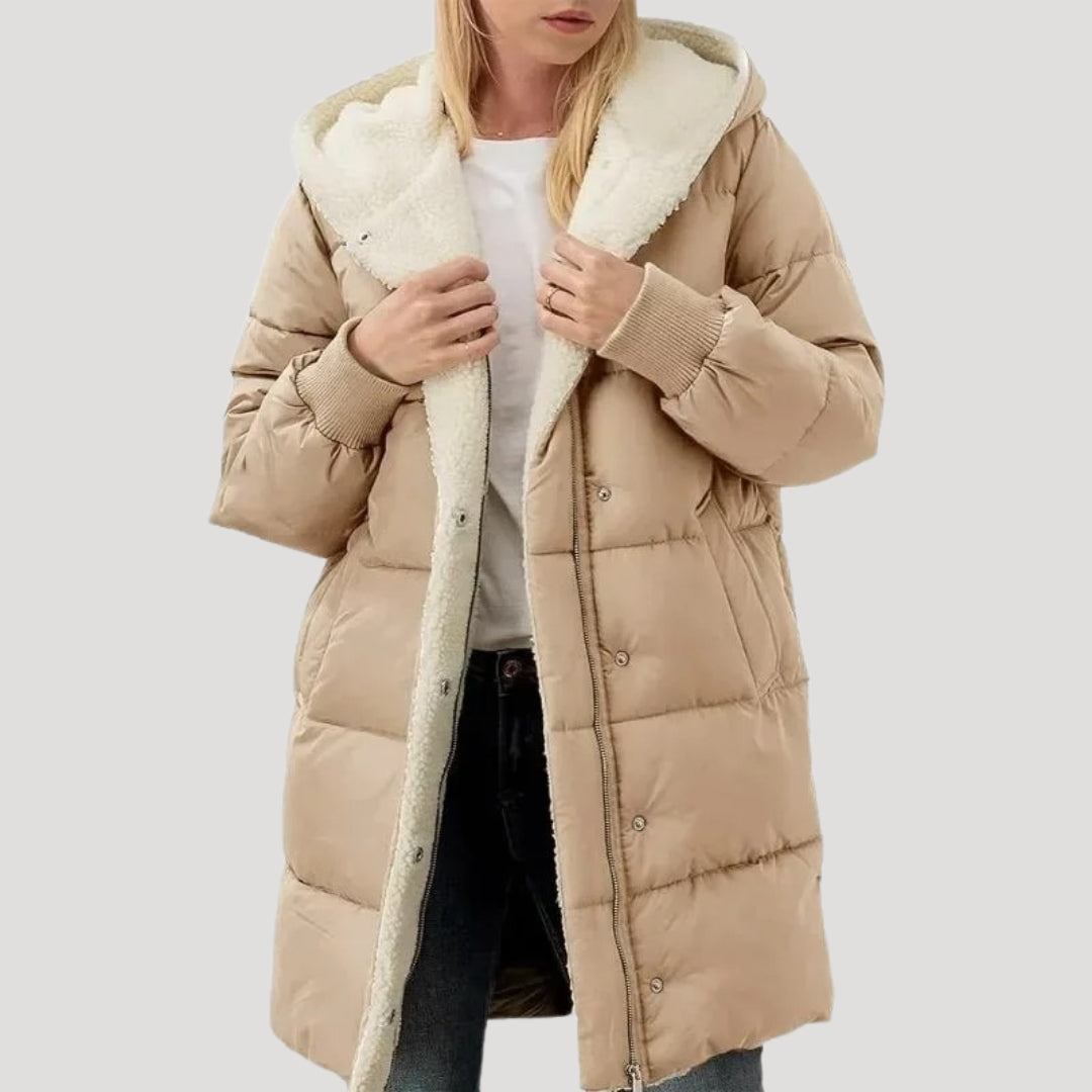 Olivia hooded puffer jacket for women by Christine Brewer, khaki color with faux fur-lined hood, warm and stylish winter outerwear