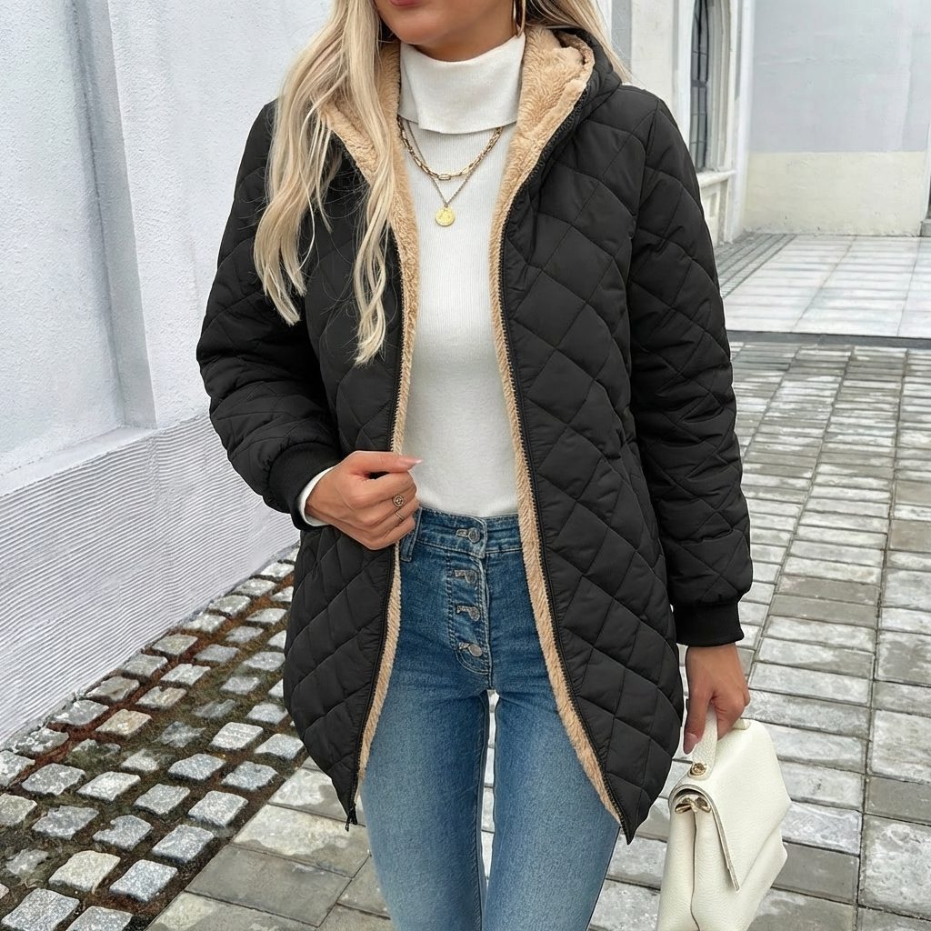 Ivana | Black Quilted Hooded Puffer Coat for Women