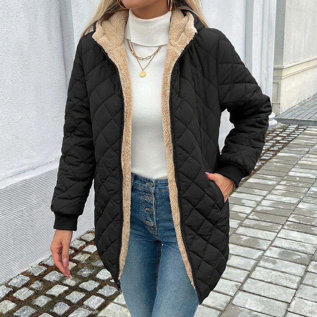 Ivana | Black Quilted Hooded Puffer Coat for Women