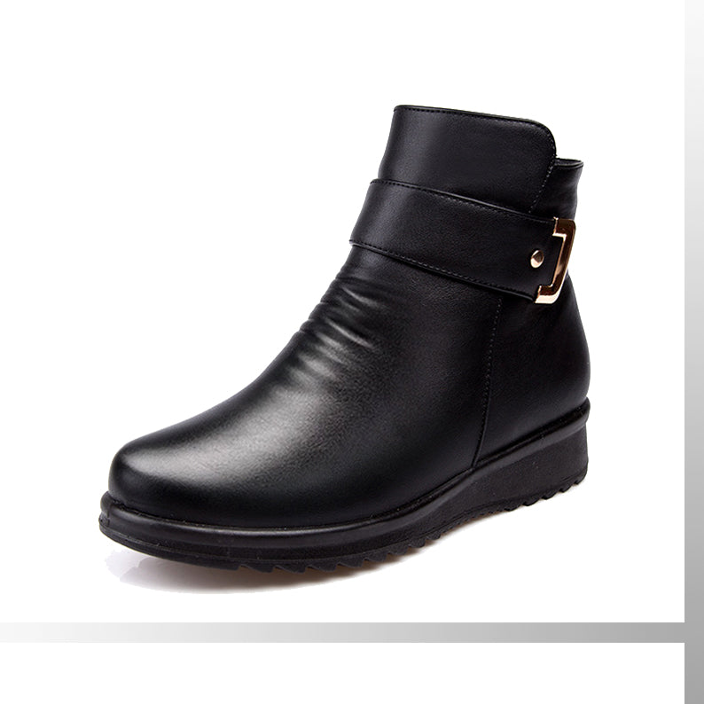 Lucy | Ankle Boots, Women, Side Zip, Buckle Strap, Vegan Leather, Stretch, Wide Width, Winter,
