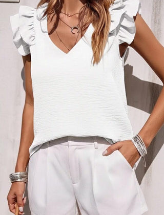 Christine Brewer Grace women's V-neck top, soft fabric, fitted style, in a neutral color, showcasing the elegant neckline.