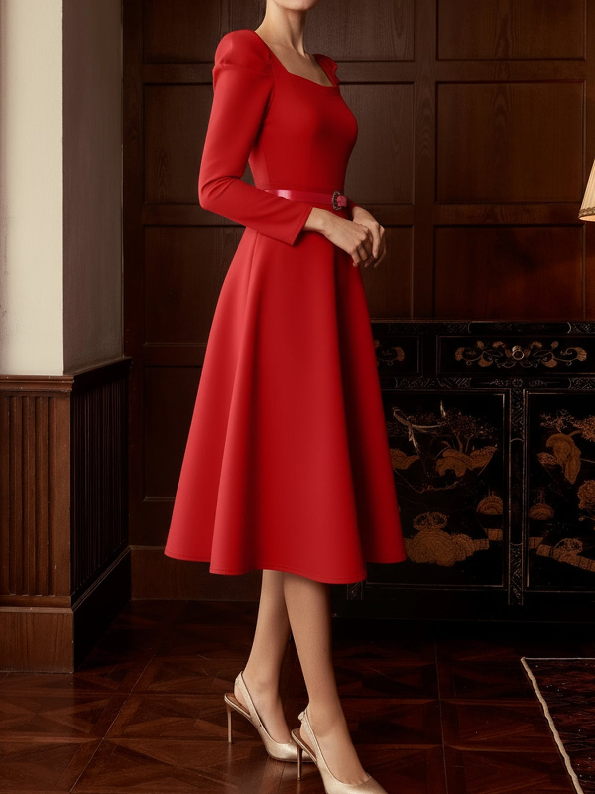 Camille | Red Long Sleeve Belted Midi Dress for Women