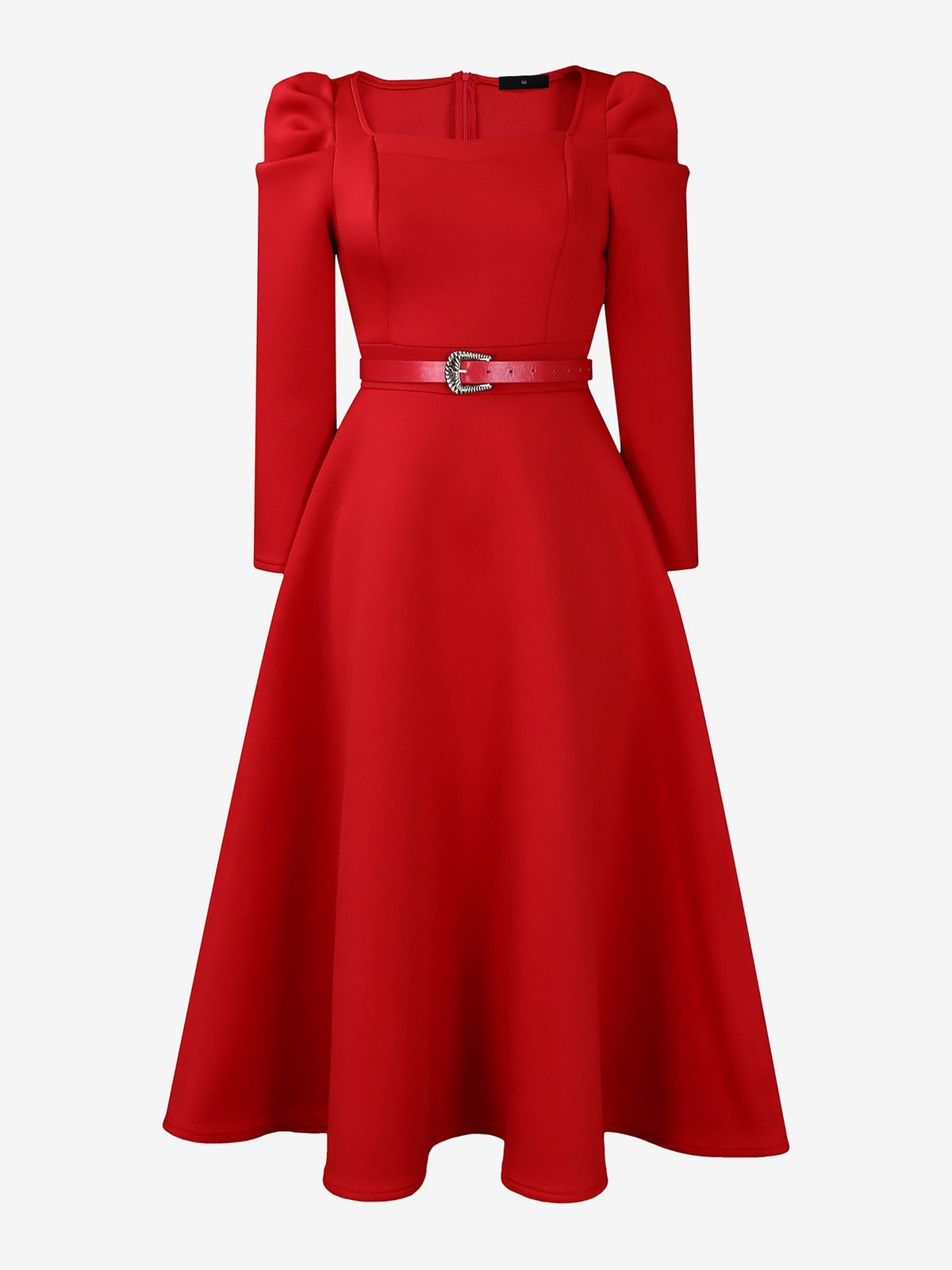 Camille | Red Long Sleeve Belted Midi Dress for Women