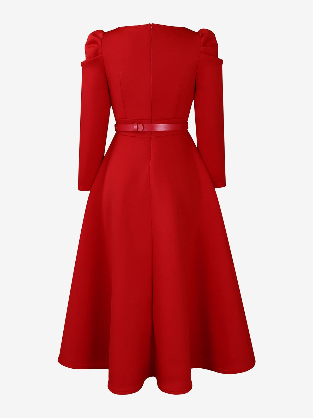 Camille | Red Long Sleeve Belted Midi Dress for Women