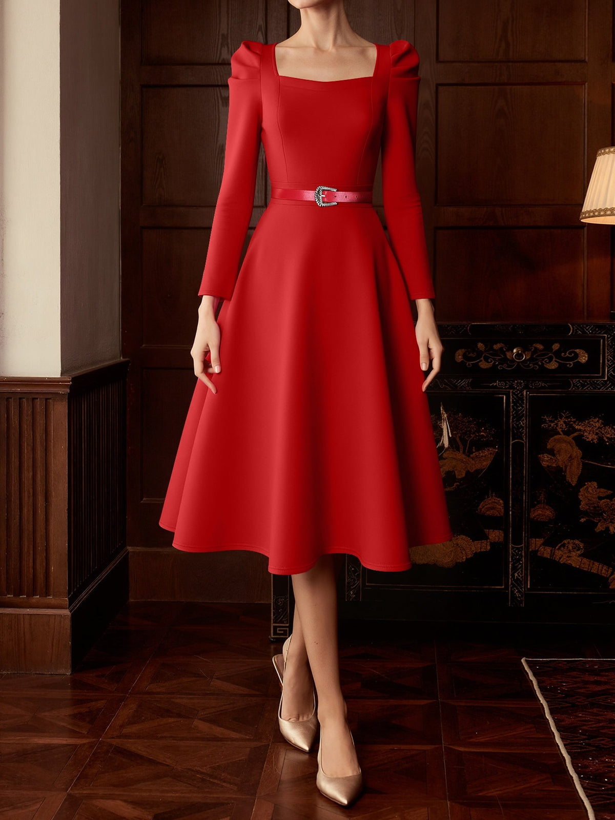 Camille | Red Long Sleeve Belted Midi Dress for Women