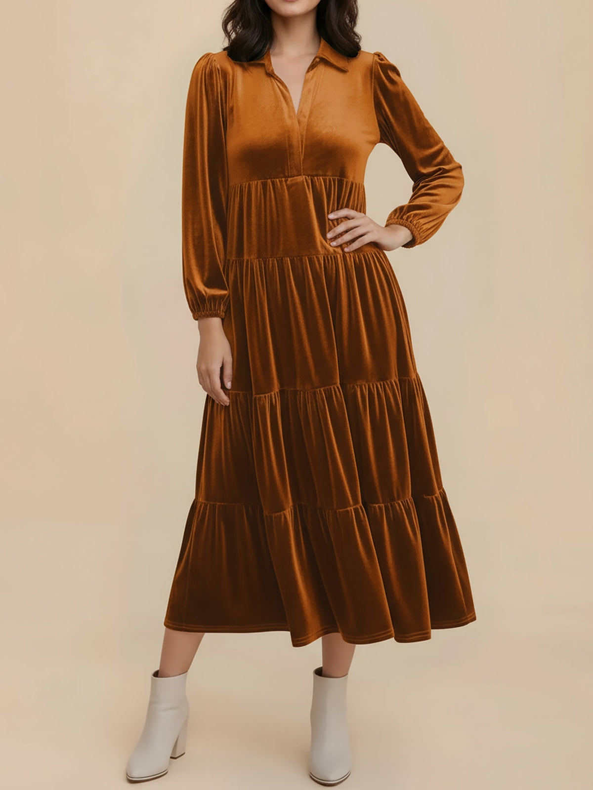 Kirsten | Velvet Tiered Long Sleeve Midi Dress for Women, Cocktail