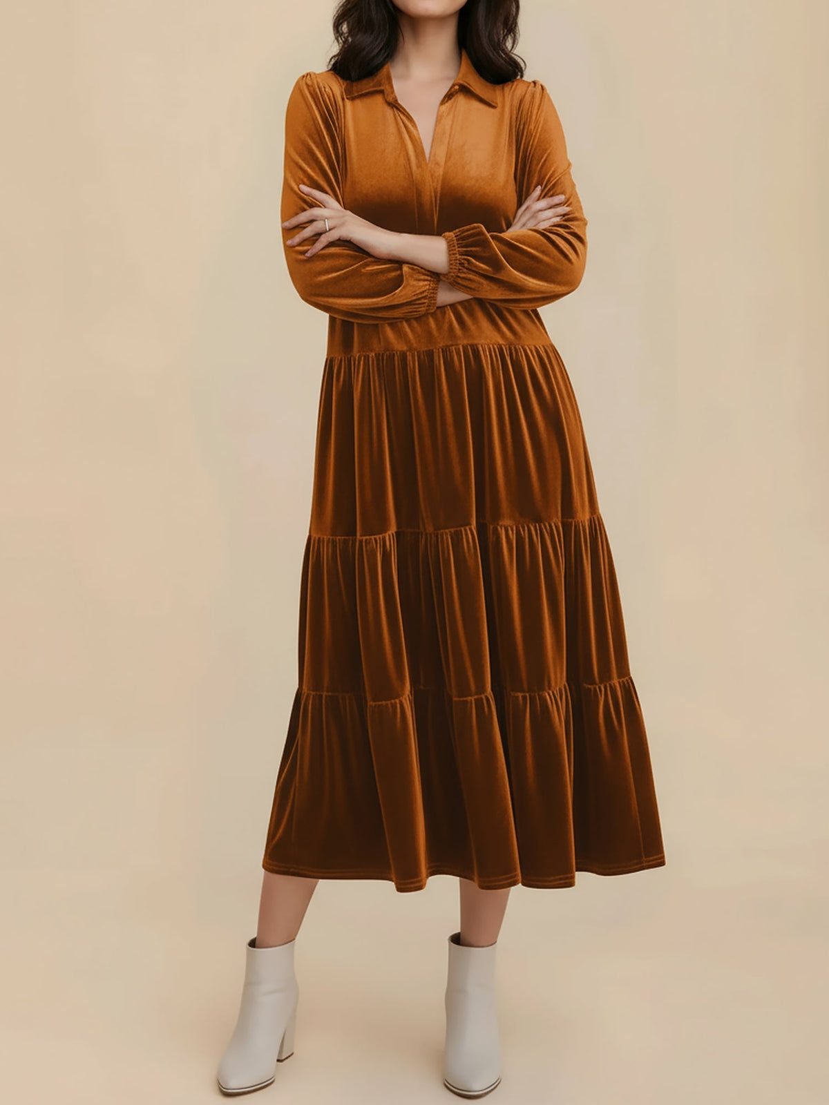 Kirsten | Velvet Tiered Long Sleeve Midi Dress for Women, Cocktail