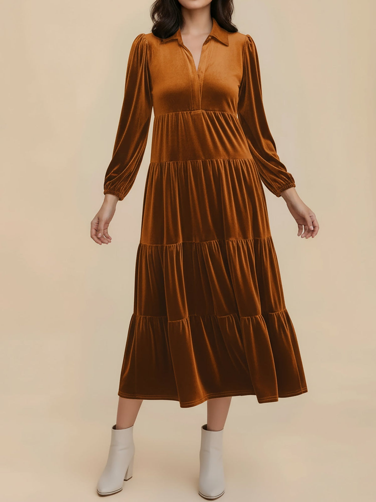 Kirsten | Velvet Tiered Long Sleeve Midi Dress for Women, Cocktail