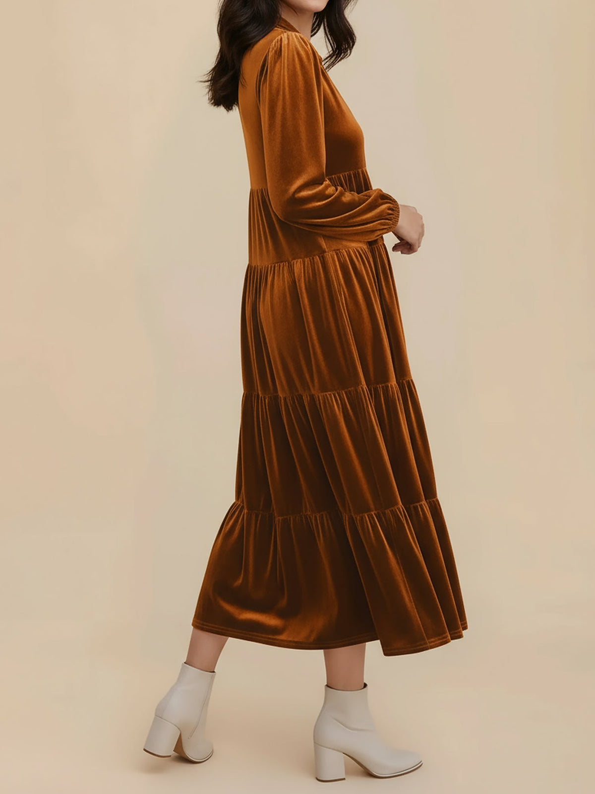 Kirsten | Velvet Tiered Long Sleeve Midi Dress for Women, Cocktail