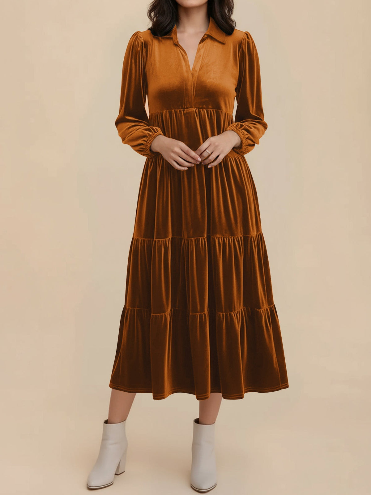 Kirsten | Velvet Tiered Long Sleeve Midi Dress for Women, Cocktail