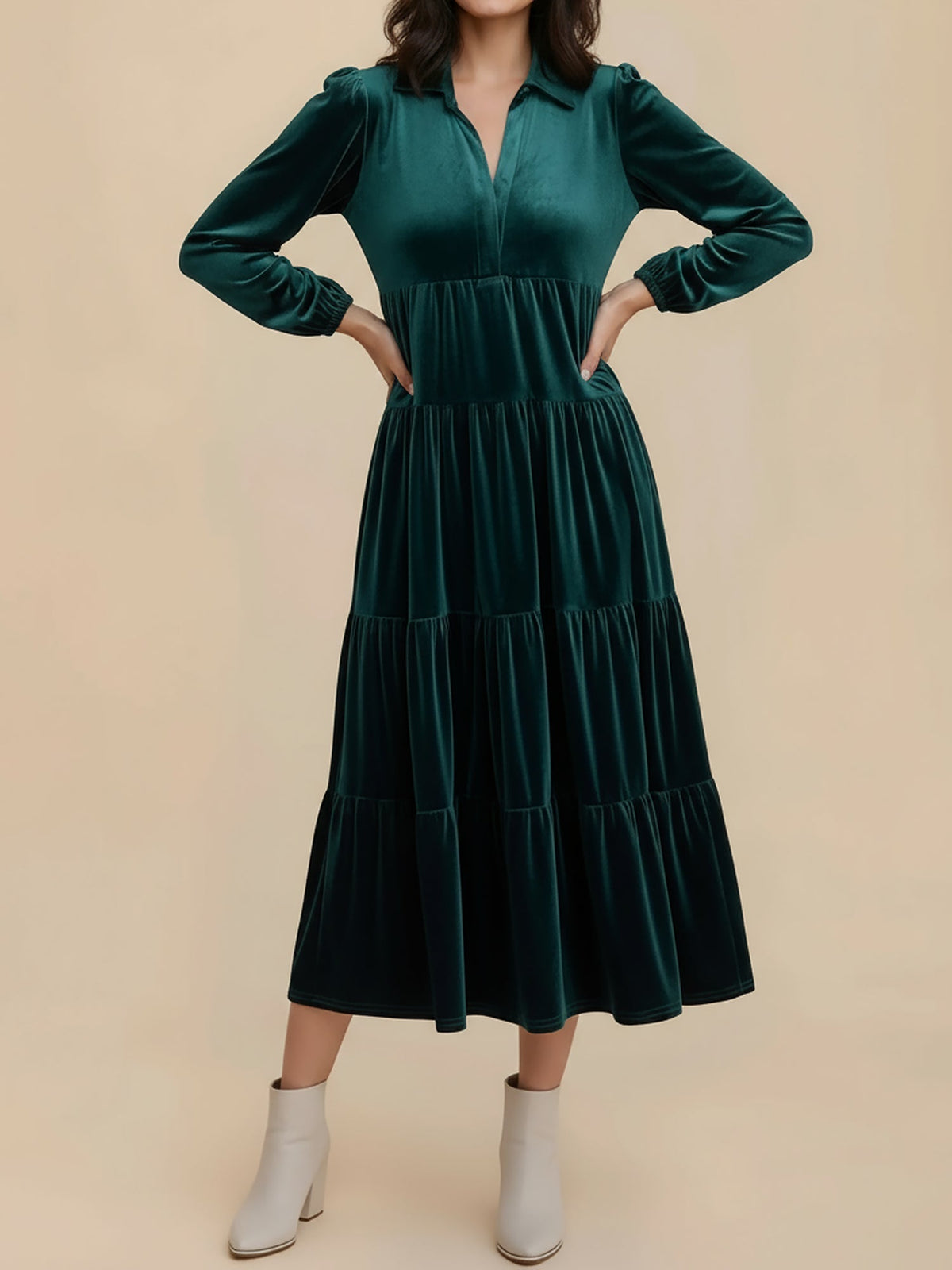 Kirsten | Velvet Tiered Long Sleeve Midi Dress for Women, Cocktail
